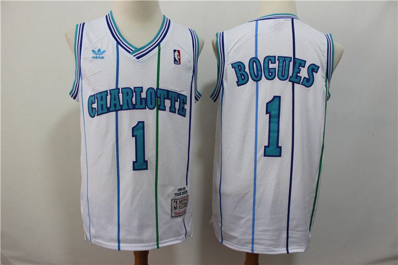 Men Charlotte Hornets #1 Bogues White Throwback Adidas NBA Jerseys